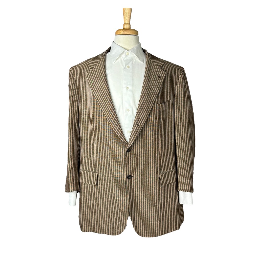 Kiton Brown Orange Striped Unstructured Wool Linen Mens Blazer Size 48 7R Mint